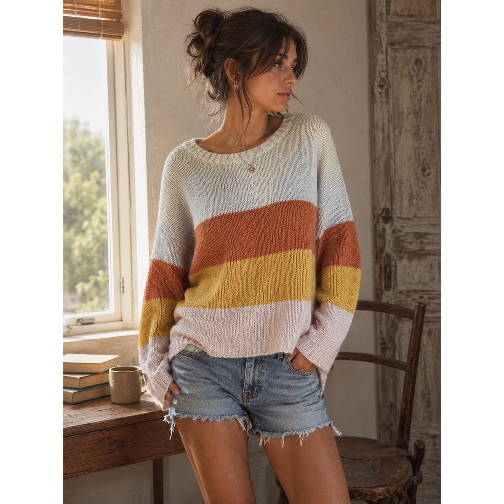 Billabong Womens Striped Chunky Knit Sweater Multi-Color Boho Pullover Large